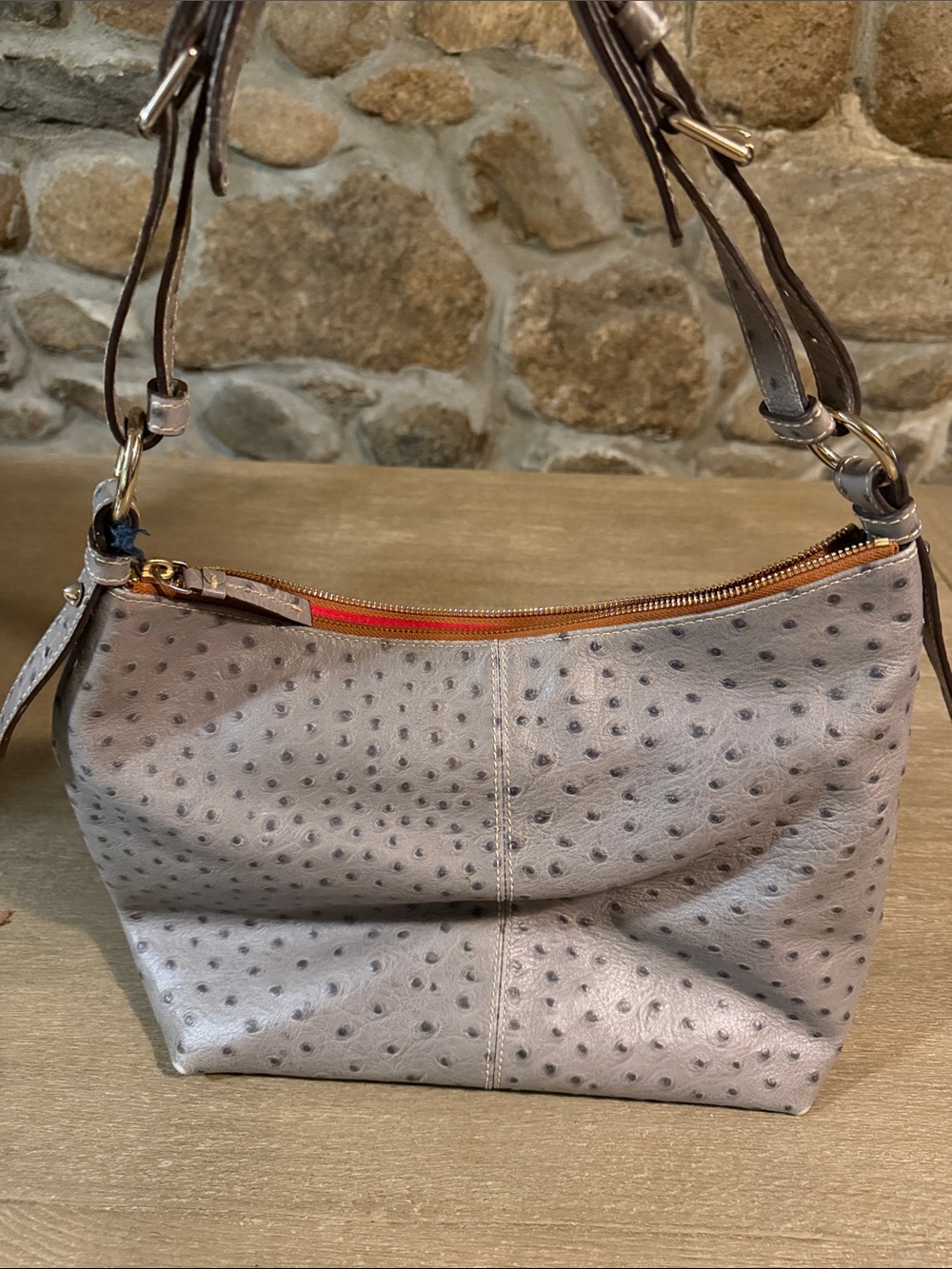 Dooney & Bourke Grey Ostrich embossed Shoulder Bag with Gold Hardware - Picture 2 of 10